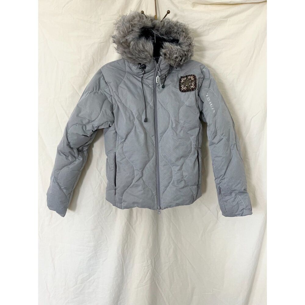 grey Salomon women's down puffer ski jacket Faux Fur Trim Hood XS / S